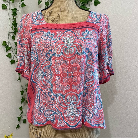 Lucky Brand Tops - Lucky Brand Boho Pink & Blue Paisley Short Sleeve Top- size M
